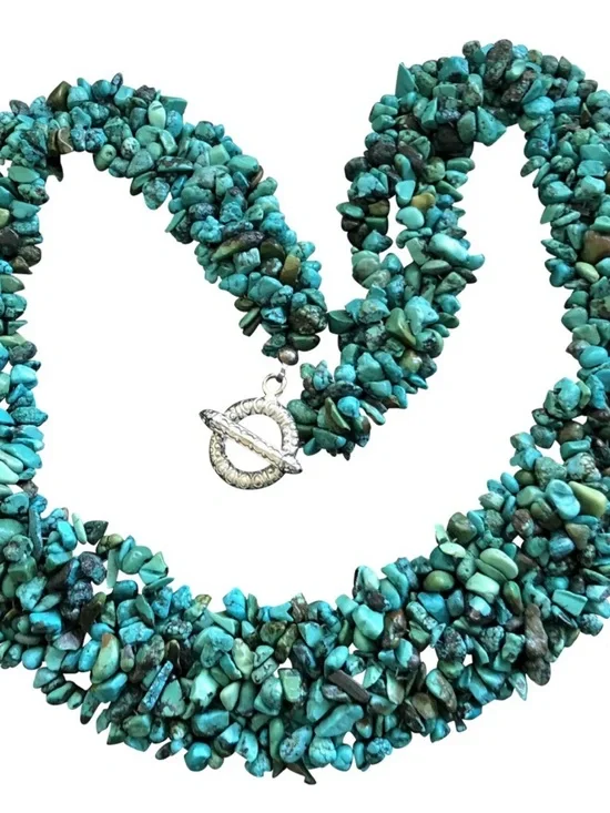 Vintage Genuine Turquoise Chip Beaded Statement Necklace 925s Clasp Never Worn - Picture 2 of 3